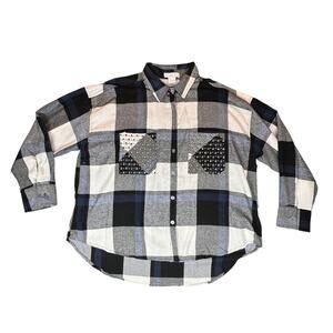 Life Flannel Women Large Black White Blue Buffalo Check Lightweight Button Shirt